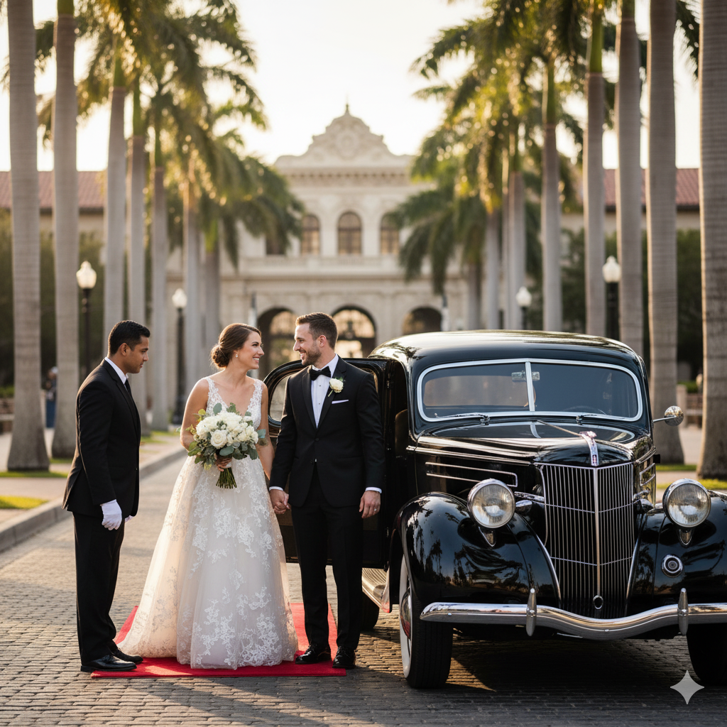 Chauffeur opening door of vintage Ford Deluxe classic wedding car rental Florida