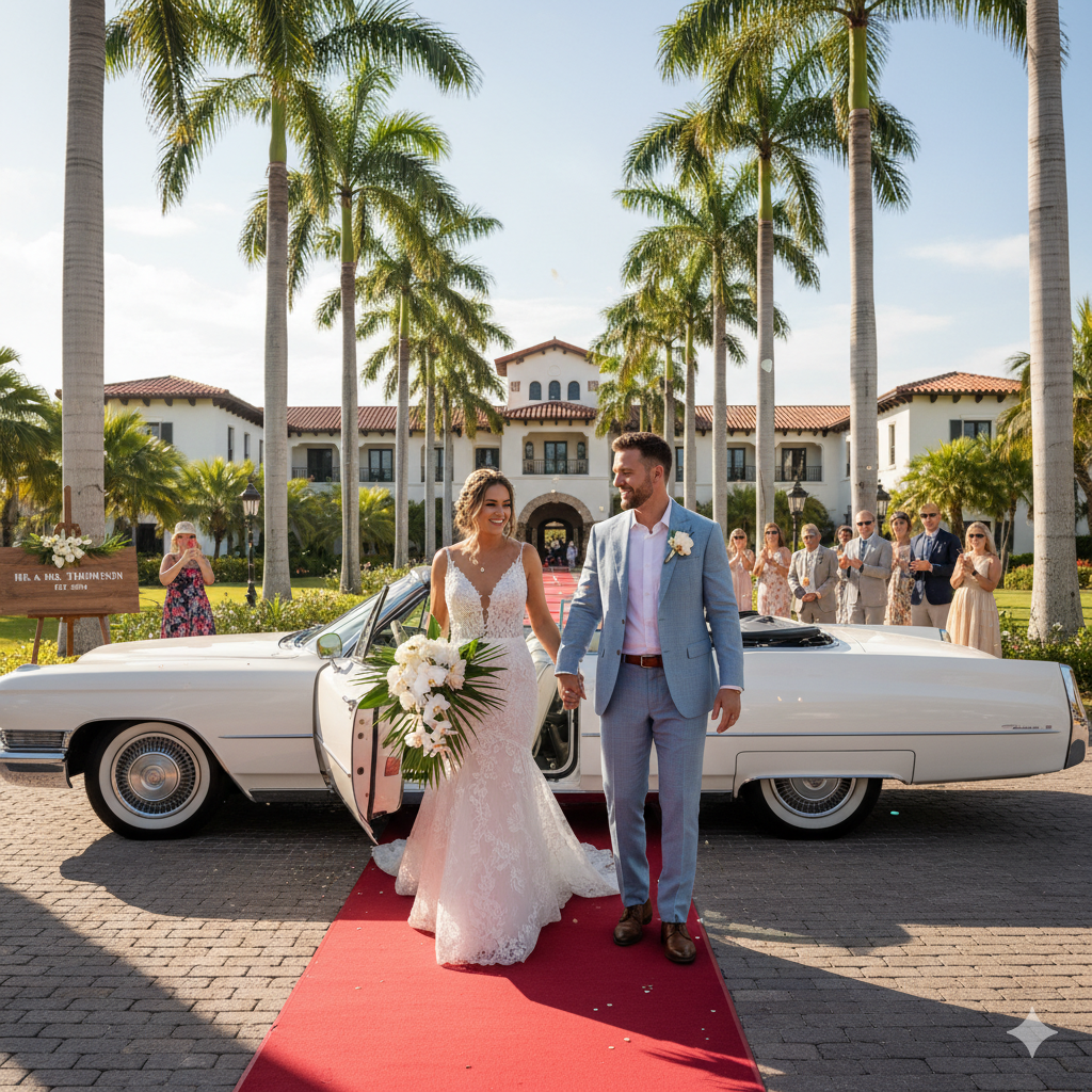 Bride and groom arriving in a classic car rental in Florida, Cadillac convertible at wedding
